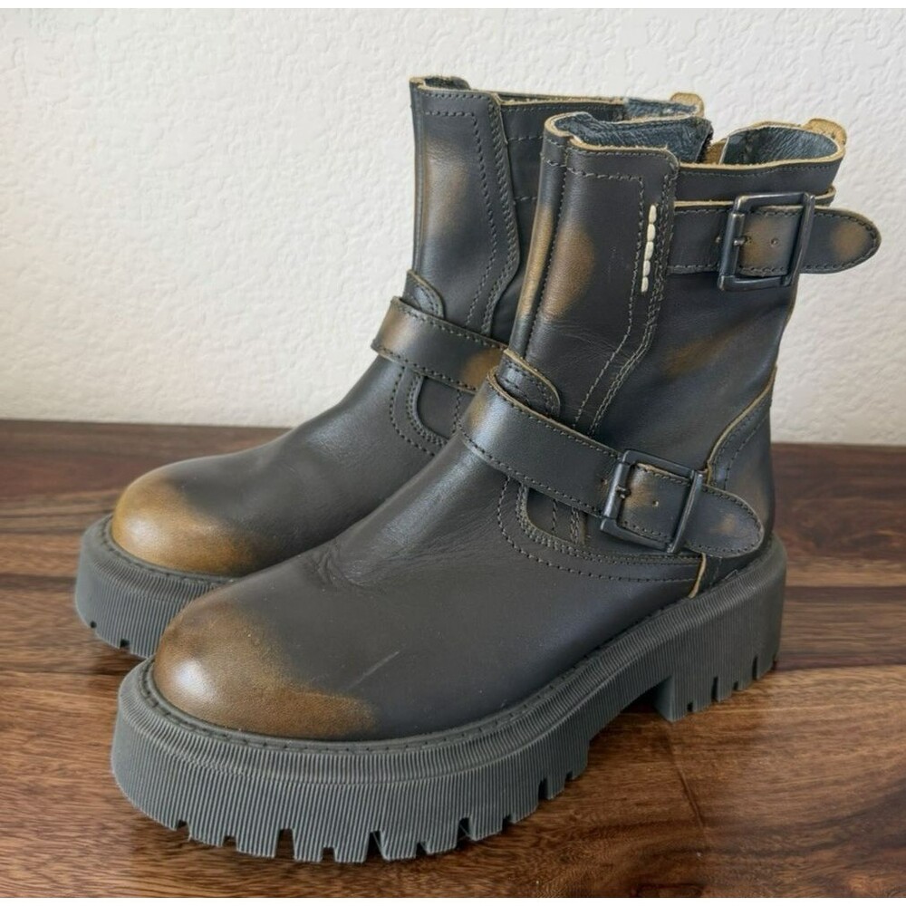NEW Sz 8 Women's Steve Madden Brown Leather Motorcycle Chunky Boot zip buckle